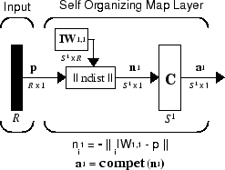 Schematic of a Self Organizing Feature Map Network, where input vector p is passed to a competitive layer that calculates output a.