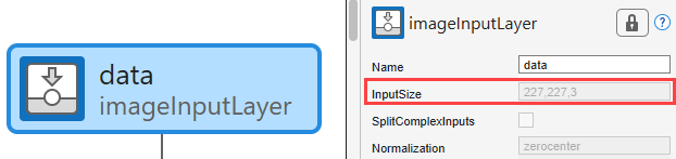 Image input layer selected in the Desinger pane, showing the InputSize property of 227,227,3.