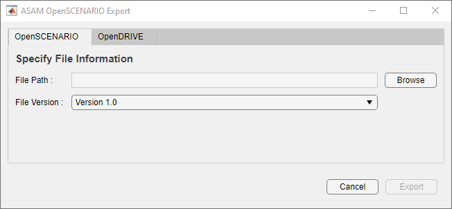 ASAM OpenSCENARIO Export dialog box