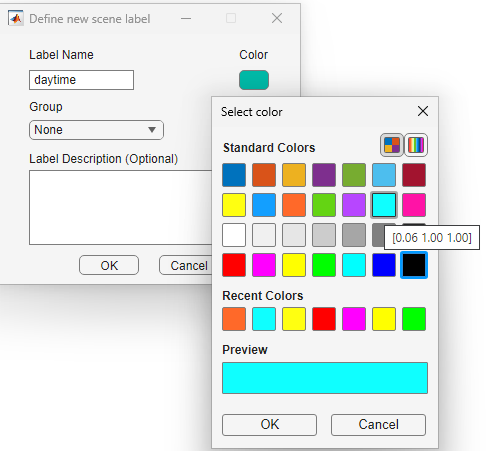 Define new scene label window configured to display the daytime label in light blue