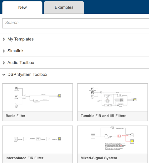 The Simulink model templates in the Simulink Start page under DSP System Toolbox. In order, they are Basic Filter, Tunable FIR and IIR Filters, Interpolated FIR Filter, and Mixed-Signal System.