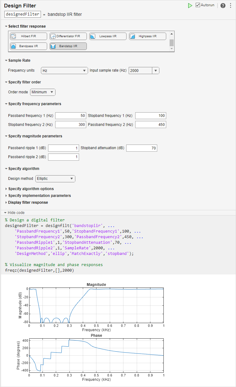 Bandstop IIR filter design using Live Editor task
