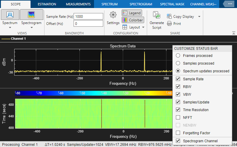 Default options selected in the status bar: Spectrum updates processed, Sample Rate, RBW, VBW, Samples/Update, Time Resolution in the customize status bar window