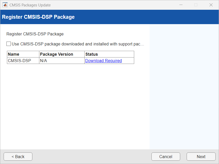 Register CMSIS-DSP package window with the checkbox to enable use CMSIS-DSP package downloaded and installed with support package. The window also shows a table with the name, package version and status of the CMSIS-DSP package.