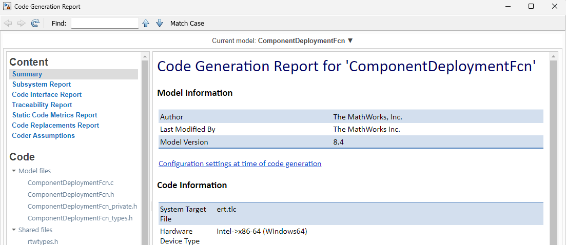 Partial view of the code generation report for model ComponentDeploymentFcn.