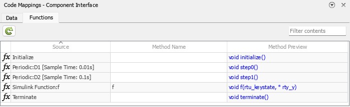 View of the Code Mappings - Component Interface pane for the CppClassWorkflowKeyIgnition model in Simulink. The Functions tab in the Code Mappings pane is selected