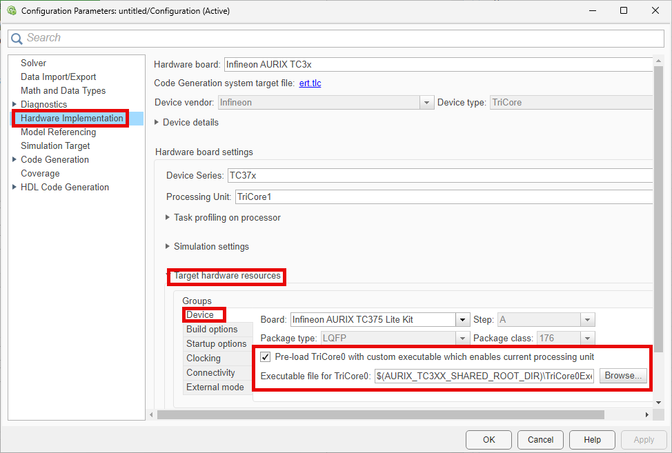 option to provide custom executable file for TriCore 0 processing unit