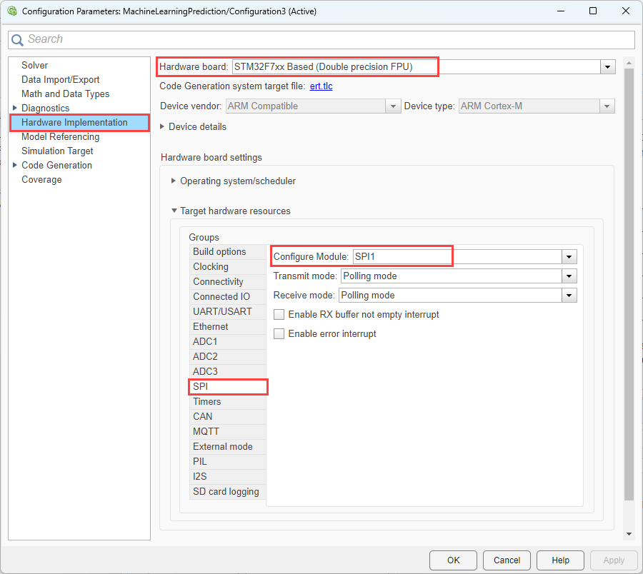 Model configuration parameters for selecting SPI resource on STM32F4xx Based processor board