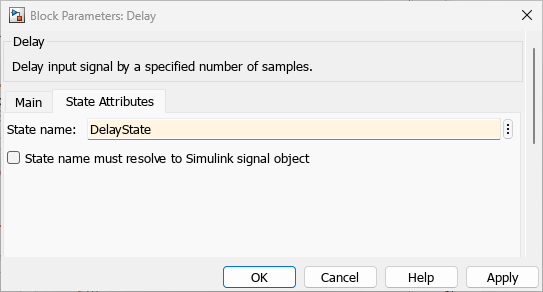 Block Parameters dialog box. The State name parameter is set to DelayState.