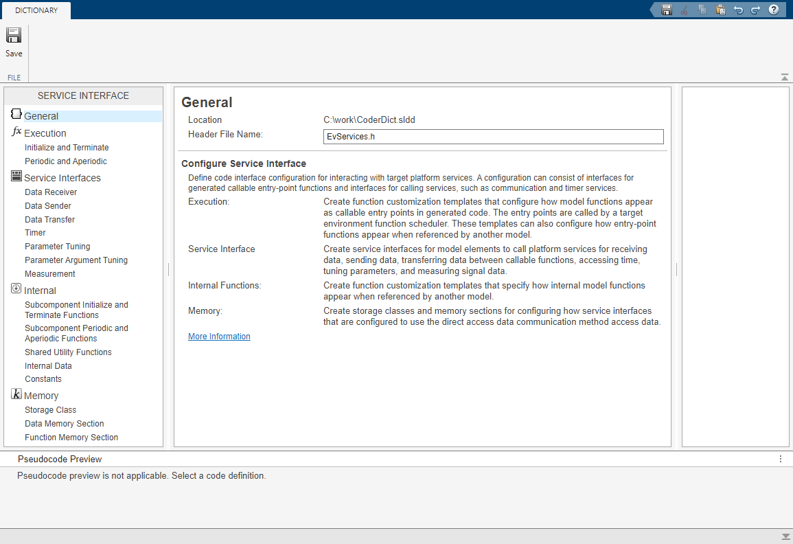 Embedded Coder Dictionary showing the General pane.