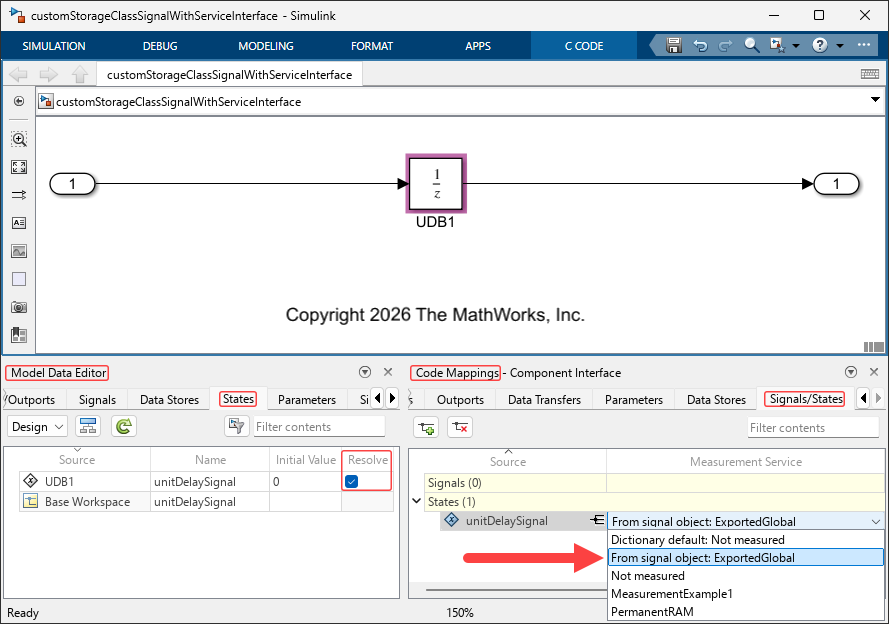 Model with a Unit Delay block, UDB1, selected. The Model Data Editor is open with the States tab selected. UDB1 resolves to the signal object unitDelaySignal, which is defined in the base workspace. Code Mappings editor is open with the Signals/States tab selected. The Measurement Service of the signal unitDelaySignal is From signal object: ExportedGlobal.