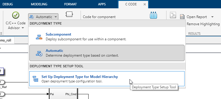 Deployment Type drop-down with Automatic selected. The cursor is pointing to the item Set Up Deployment Type for Model Hierarchy.