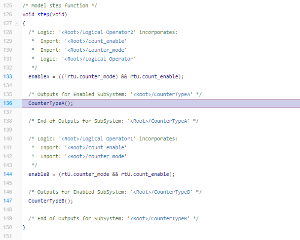 Code generation report highlights function call in generated code.