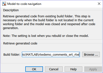 Model-to-code navigation dialog box with a build folder specified.