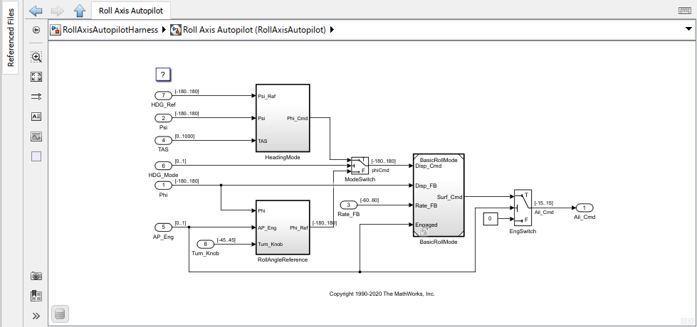 Model RollAxisAutopilot with model reference to BasicRollMode model.