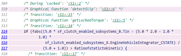 Generated code with five lines for a graphical function highlighted.