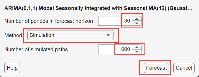 The screen shot of the Forecast Model Response dialog box shows the value of the Number of periods in forecast horizon is 36, the Method parameter is Simulation, and the Number of simulated paths parameter is 1000.