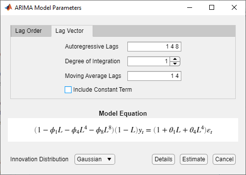 The ARIMA Model Parameters dialog box has the "Lag Vector" tab selected. Autoregressive Lags is set to 1 4 8, Degree of Integration is 1, and Moving Average Lags set to 1 4. The check box next-to "Include Constant Term" is unselected. The Model Equation section is at the bottom.