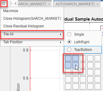 This screen shot shows the drop-down menu from the Document Actions button at the top left, and the Tile All option is called out by a red box. To the right of the screenshot the Left/Right option is selected and underneath that the icon representing the 2 by 2 matrix of four squares is selected.