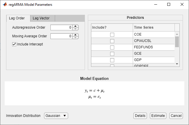 Screen shot of the regARMA Model Parameters dialog box showing parameter settings. The Lag Order tab is selected and "Include Intercept" check box is checked. The model equation section is in the middle. "Details". "Estimate", and "Cancel" buttons are at the bottom right corner of the dialog box.
