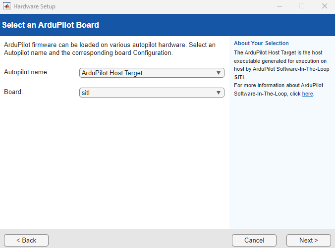 ArduPilot hardware support package setup screen, showing Autopilot name and Board set to ArduPilot Host Target and sitl, respectively.