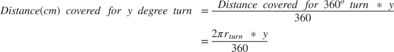 $$\begin{array}{cl} Distance(cm)\ covered\ for\ y\ degree\ turn &=
\frac{{\ Distance\ covered\ for\ 360^o\ turn}{\ *\ y}}{360}\\ &= \frac{{2}{\pi}{r}{_t}{_u}{_r}{_n}{\ *\ y}}{360}\end{array}$$