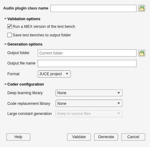 Figure Audio Plugin Generator contains an object of type uigridlayout.