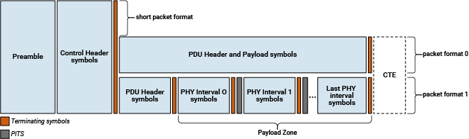 All formats have a Preamble and a Control Header. Packet format 0 includes the PDU header and an optional payload transmitted in a single symbol stream. Packet format 1 has a separate PDU header symbol stream followed by an optional payload zone that contains the payload‑carrying PHY interval symbols and may contain one or more PITS. Both packet format 0 and packet format 1 may include a CTE.