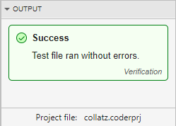 Output section of the MATLAB Coder panel, showing a green Success banner