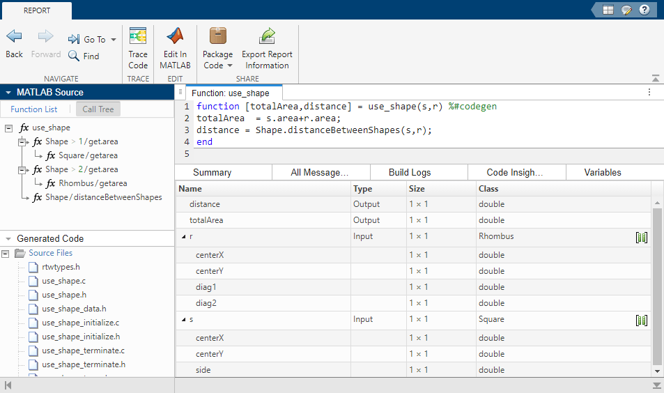 Code generation report for use_shape
