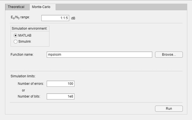 Monte Carlo tab of the BER analysis app.