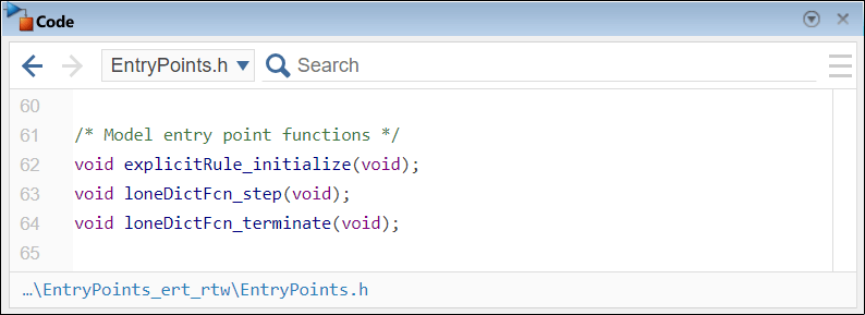 Code pane showing the declaration of the functions explicitRule_initialize, loneDictFcn_step, and loneDictFcn_terminate in the header file EntryPoints.h.