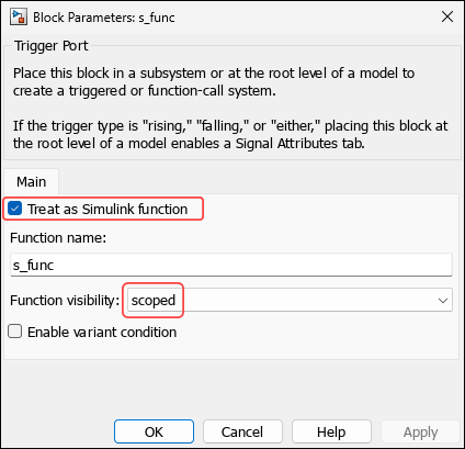 Block Parameters dialog box of s_func.