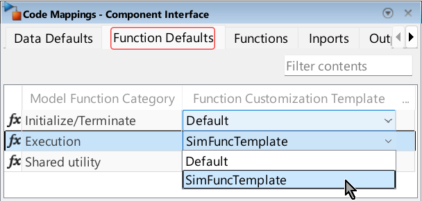 Code Mappings editor open with the Function Defaults tab selected. The mouse cursor is selecting the new function customization template, SimFuncTemplate for the execution function category.