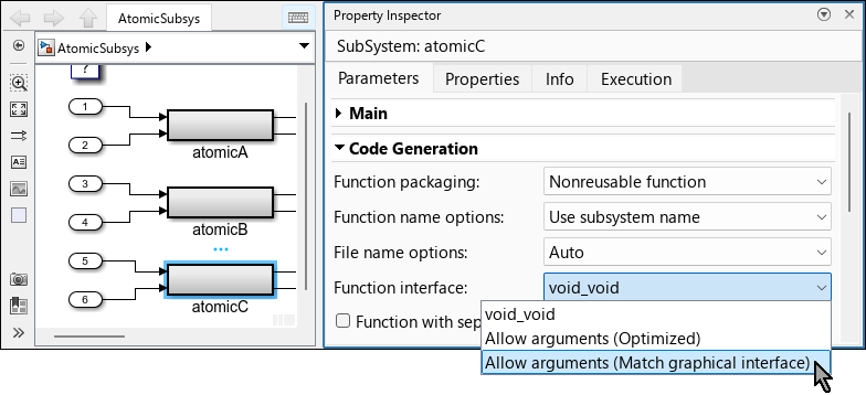 Subsystem block atomicC selected in the Simulink editor. In the Code Generation section of the Property Inspector, the mouse is selecting the value Allow arguments (Match graphical interface) for the Function interface parameter.