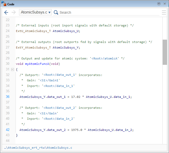 Code pane showing part of the source code file AtomicSubsys.c.