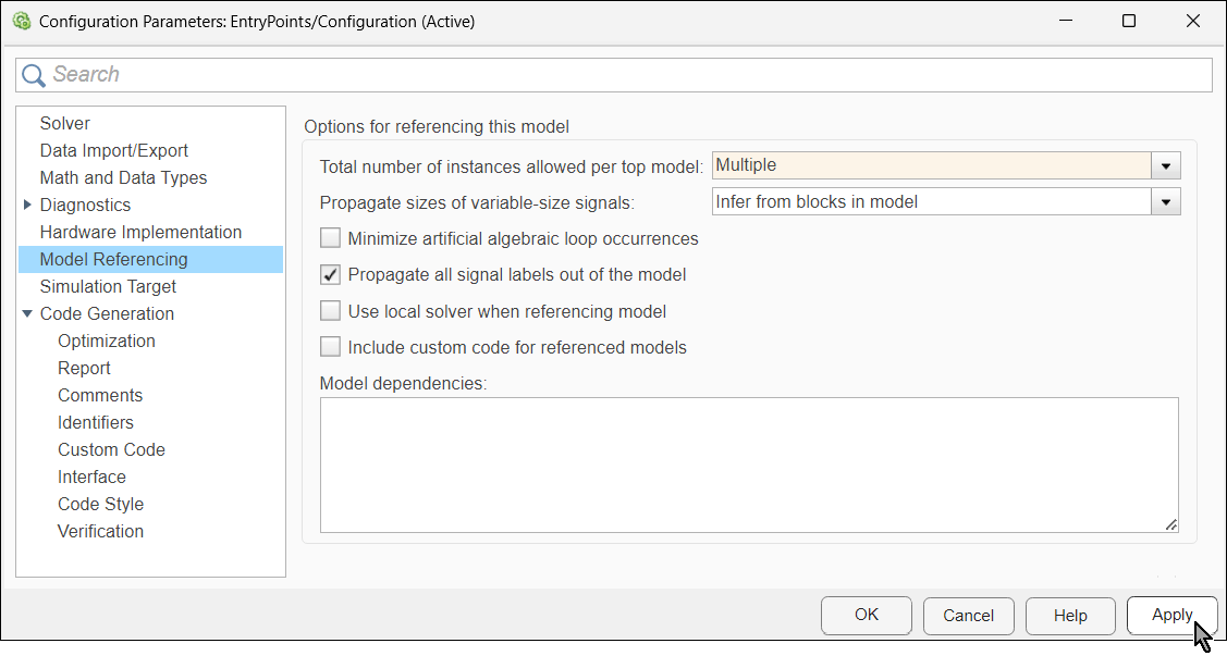 Configuration Parameters dialog box. The value Multiple is selected from the Total number of instances allowed per top model list.