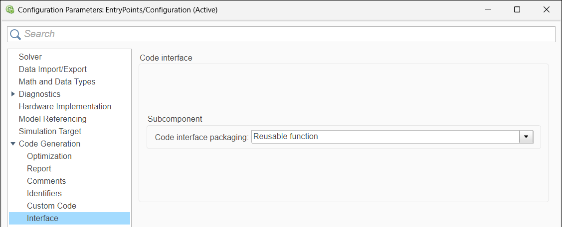 Configuration Parameters dialog box. The value Reusable function is selected from the Code interface packaging list.