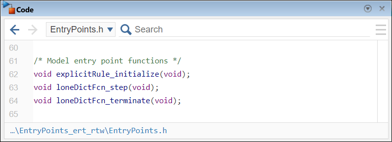 Code pane showing the declaration of the functions explicitRule_initialize, loneDictFcn_step, and loneDictFcn_terminate in the header file EntryPoints.h.