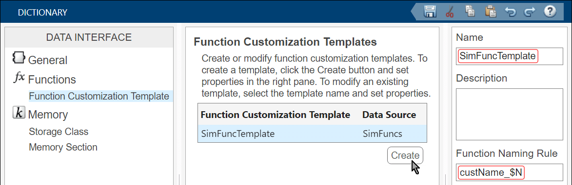 Embedded Coder Dictionary with the Function Customization Template section open. The single template in the list, SimFuncTemplate, is selected. The Function Naming Rule of the template is custName_$N.
