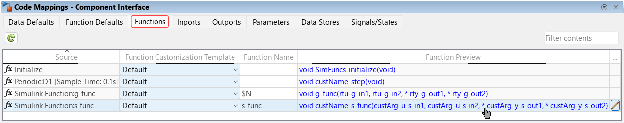 Code Mappings editor open with the Functions tab selected. In the Source column, the entry Simulink Function:s_func is highlighted, and the mouse hand cursor is on the Function Preview content of the entry.