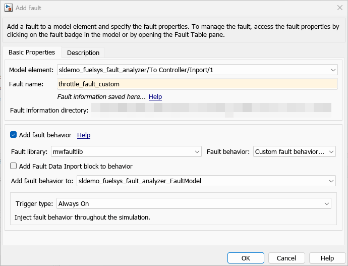 The Add Fault window after selecting the throttle signal and adding a fault. The Fault name property says throttle_fault_custom and is yellow, indicating that this field is modified. The Fault Behavior property is set to Custom fault behavior.