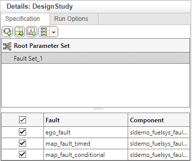 The design study details. The fault set includes three faults, and they are each selected.