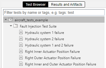 The test manager shows six tests. Each test corresponds to a unique fault combination of active faults for testing. The test name indicates the failure that occurs as a result of the fault that is injected.