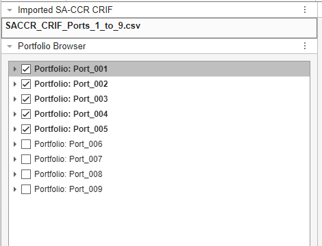Portfolio Browser pane of SA-CCR Analyzer app with Portfolios Port_001 - Port_005 selected