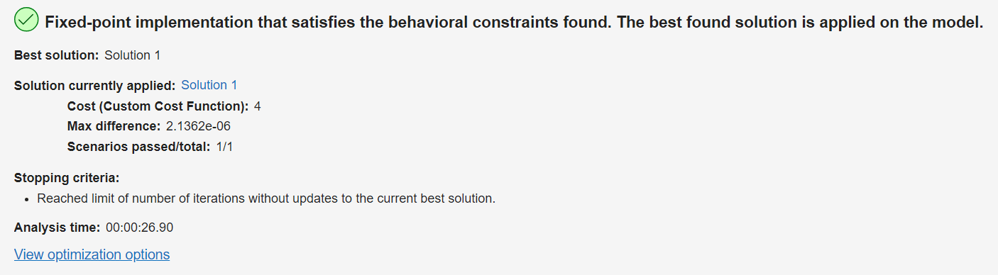 The Fixed-Point Tool displays the results of the optimization.