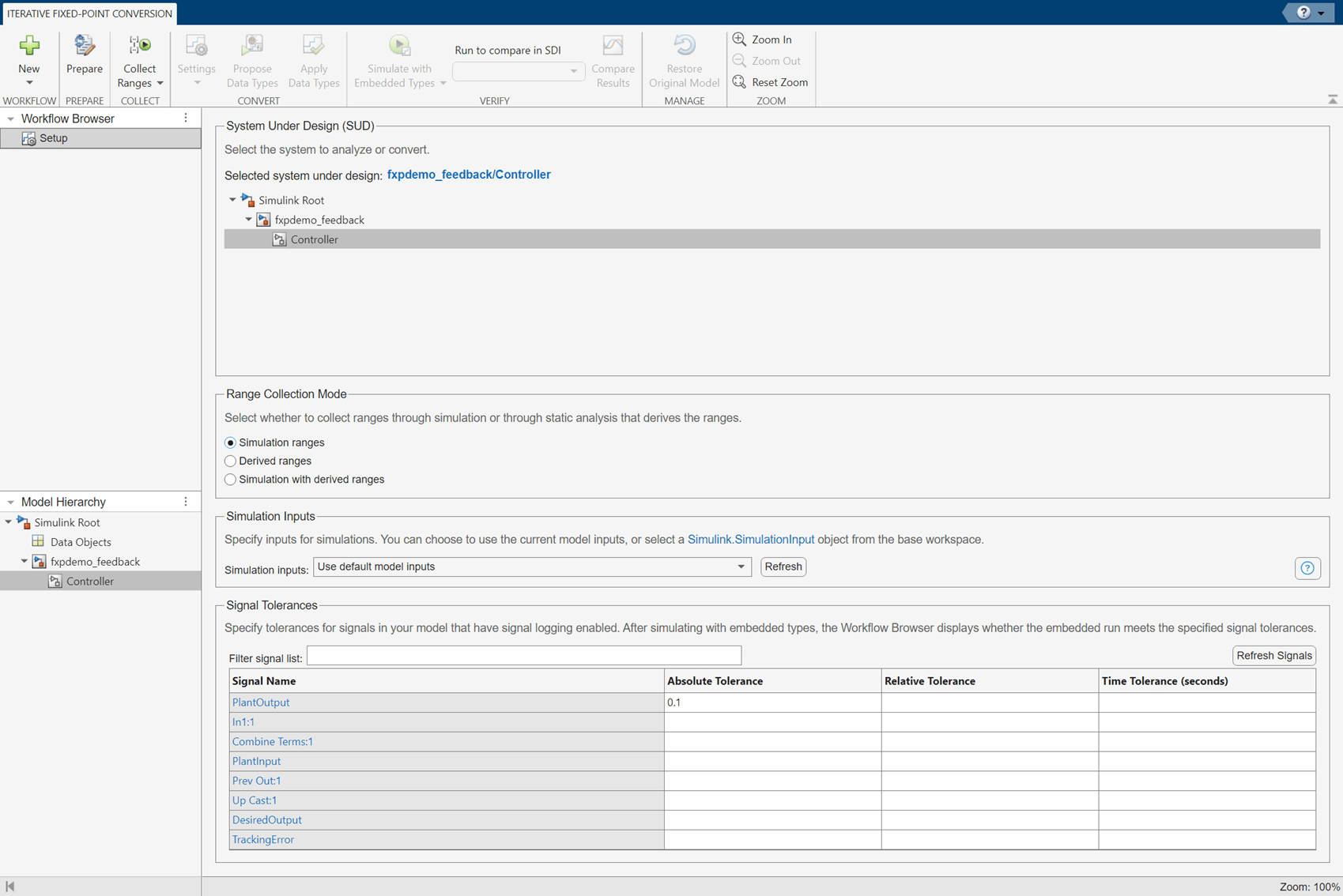 View of Setup pane in the Fixed-Point Tool.