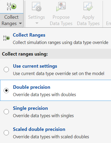 View of the Collect Ranges drop-down menu.