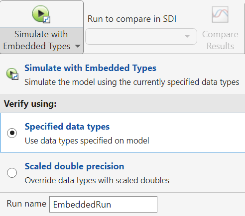 View of the Simulate with Embedded Types drop-down menu.