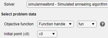 Optimize task configured with simulannealbnd solver, function handle fun, and initial point x0